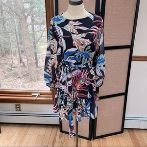 Tropical Leaf Print Ruffled Hem Mini Dress